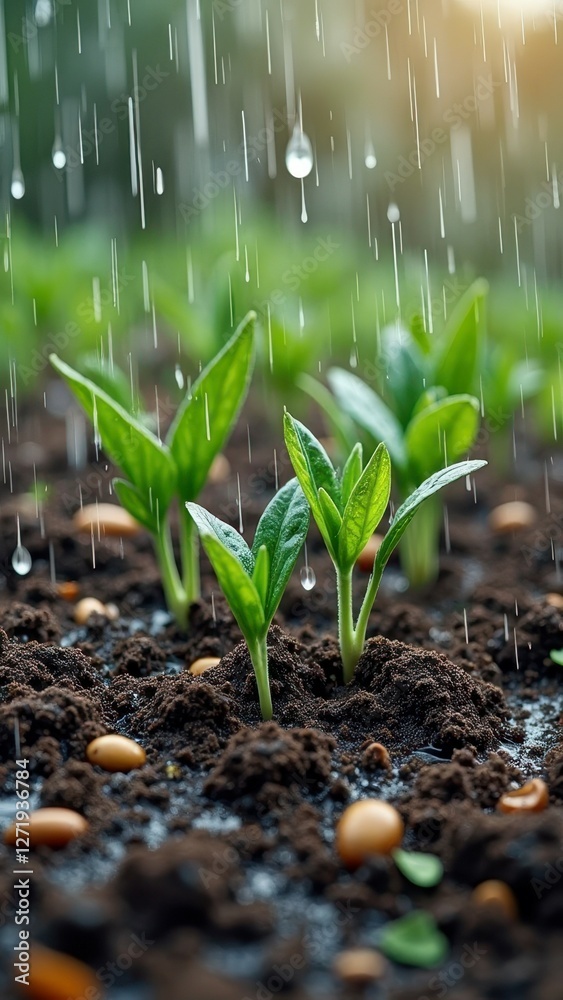 Young green seedlings in rainy garden environment Young green seedlings in rainy garden environment
