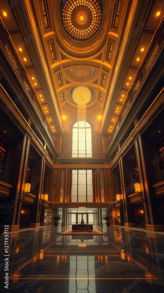 Obraz premium Elegant golden bokeh lights in a luxurious hotel lobby or reception area, sophisticated ambiance, refined atmosphere, hotel lobby