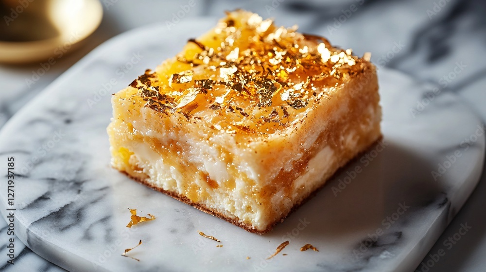 A high-end café presentation with a single serving of Coconut Cream Pie French Toast Bake on a marble plate, topped with edible gold leaf accents A high-end café presentation with a single serving of Coconut Cream Pie French Toast Bake on a marble plate, topped with edible gold leaf accents