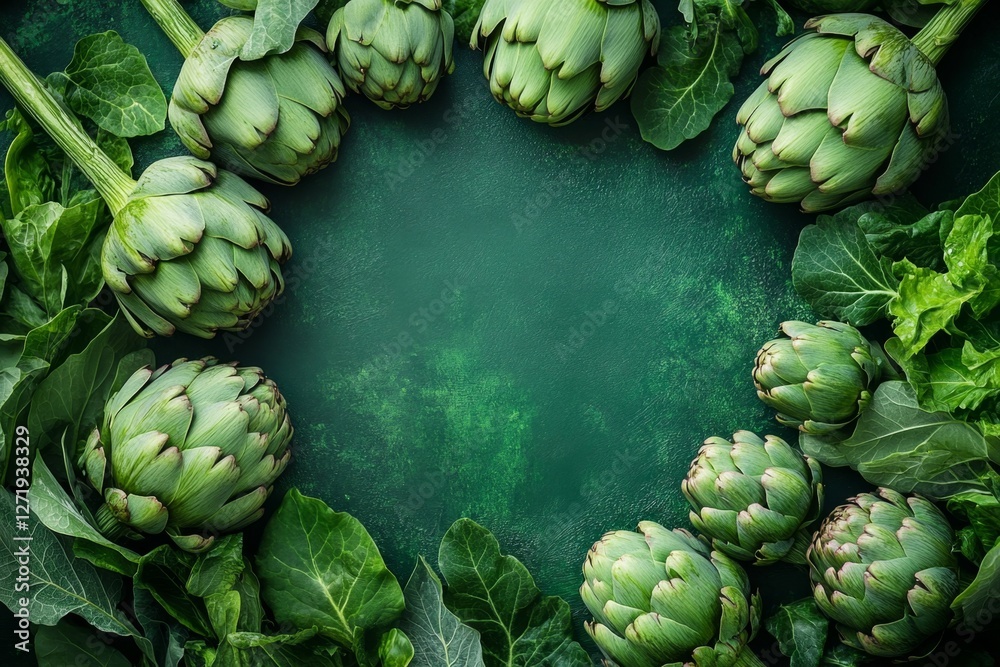 Fototapeta premium Fresh Green Artichoke and Leafy Greens Frame on Dark Green Background. Vibrant, Healthy Food Photography.