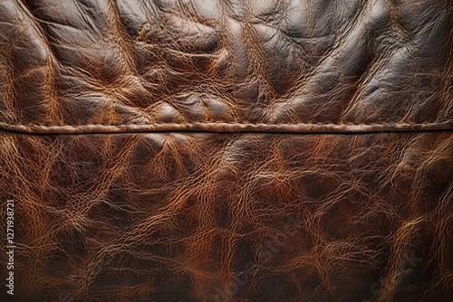 Detailed close-up shot of luxurious brown leather showcasing its rich texture and stitching, adding an element of vintage charm and rugged sophistication. photo