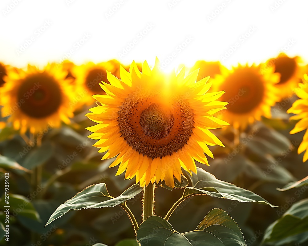 Obraz premium A vibrant sunflower field under a bright golden sunrise, centered on a solid soft white background