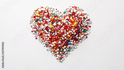 A heart shape made of various pills and tablets on a white background, symbolizing the diversity in treatment options for people with high stroke risk