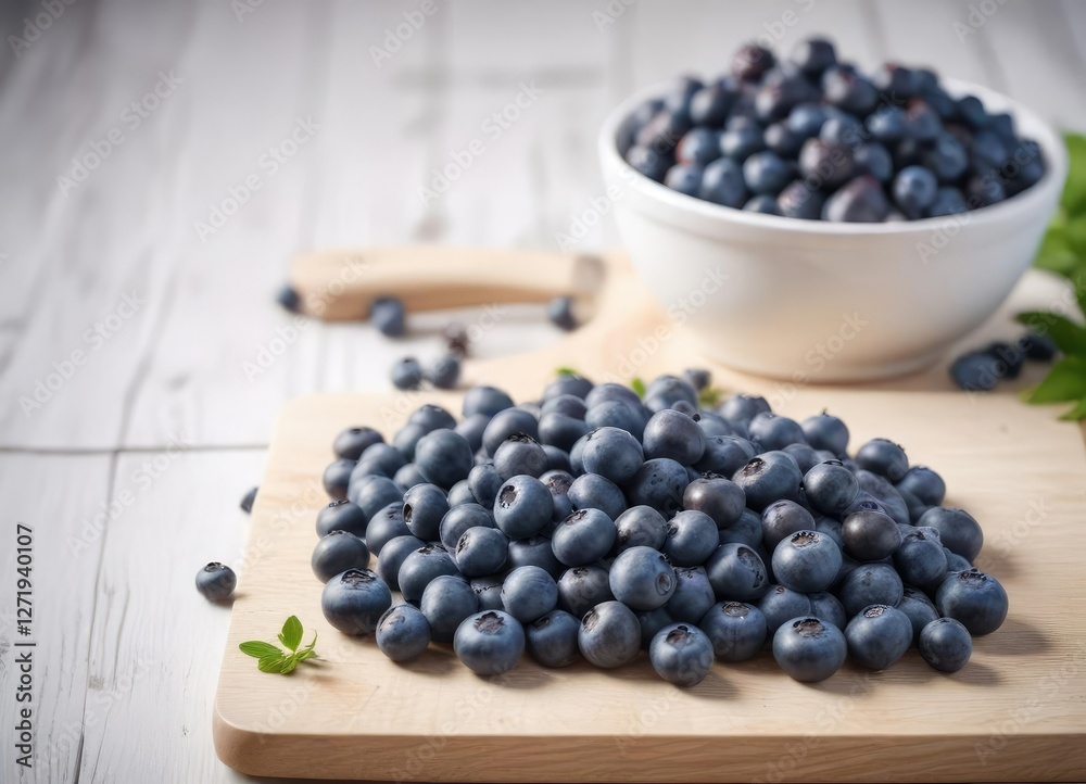 Fresh blueberries on a white wooden cutting board, kitchen, utensils Fresh blueberries on a white wooden cutting board, kitchen, utensils