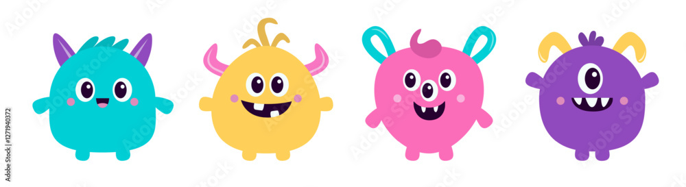 Naklejka premium Monster icon set line. Happy Halloween. Cartoon kawaii funny character. Colorful silhouette monsters. Cute face with horns, teeth, eyes hands. Childish collection. Flat design. White background Vector