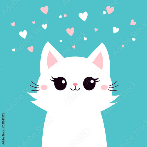 Cute cat face head. White fluffy kitten. Happy Valentines Day. Cartoon funny kitty character. Kawaii animal in love. Greeting card . Flat design. Blue background. White pink hearts Vector illustration