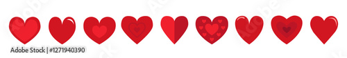 Red heart icon set. Different shape, pattern. Happy Valentines day. Love sign symbol simple template. Greeting card. Decoration element. Square composition. Flat design. White background. Vector