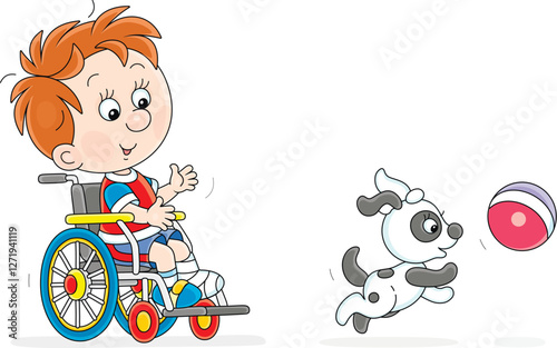 Cheerful little boy with a plaster cast on his broken leg sitting in a wheelchair and playing with a puppy and a ball, vector cartoon illustration on a white background