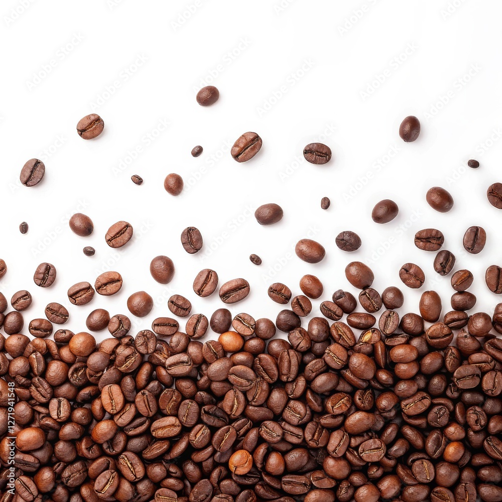 Obraz premium Coffee Beans Scattered Composition Top View Image, Coffee Bean Background, Roasted Coffee, White Background Coffee, Beans