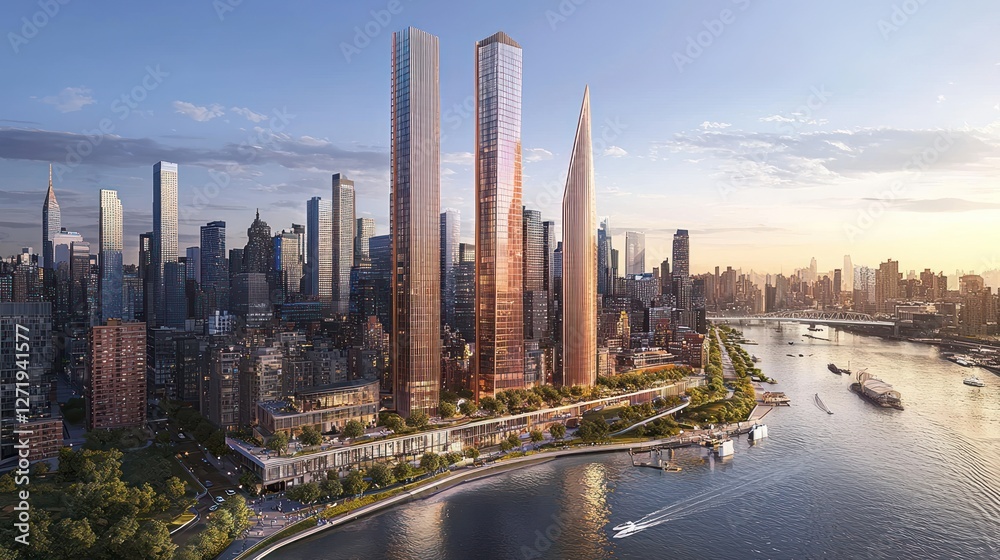 Fototapeta premium Luxury Waterfront Towers in NYC: An Architectural Marvel