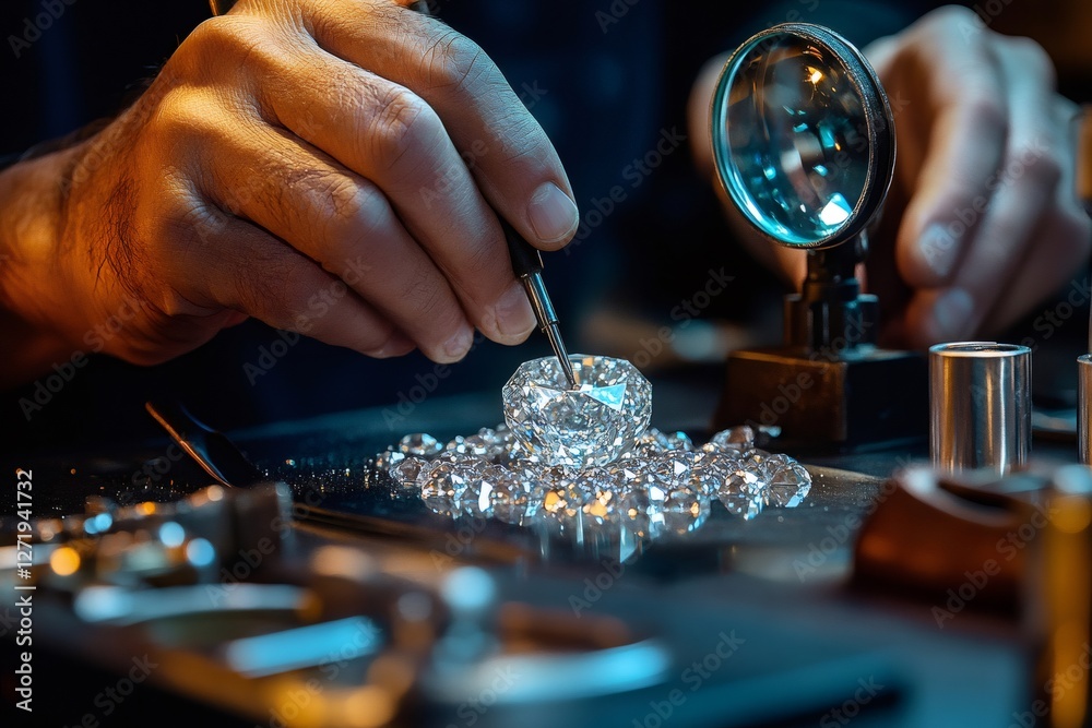 Jeweler working with diamonds and using a magnifying glass Jeweler working with diamonds and using a magnifying glass