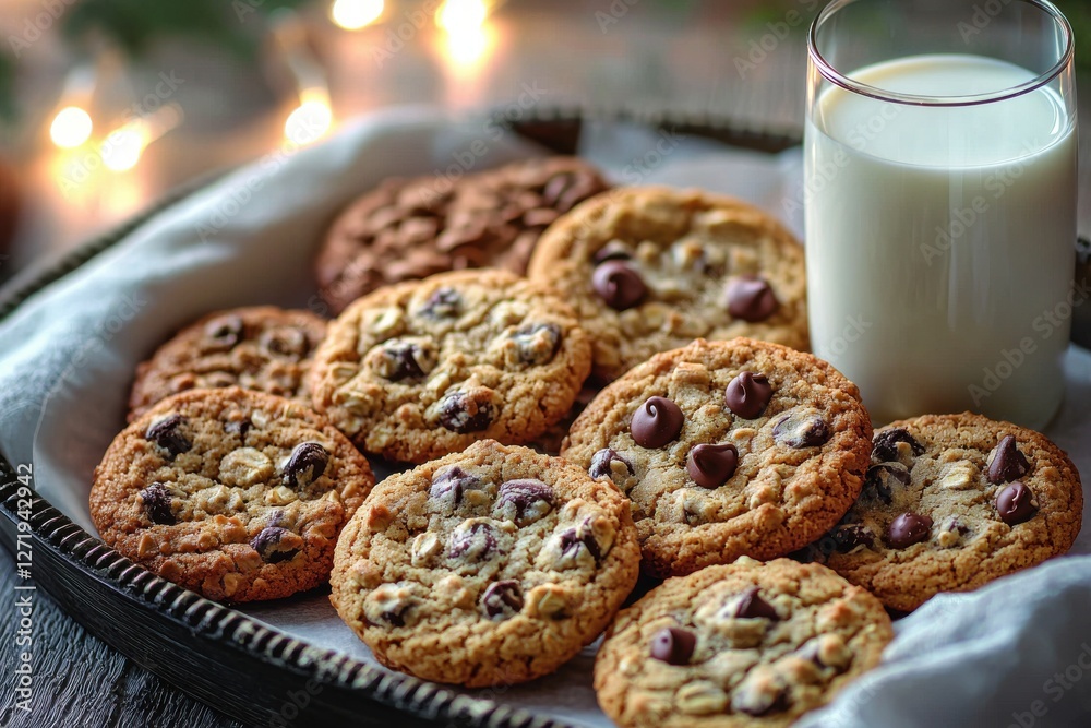 A tempting display of freshly baked chocolate chip cookies on a silver tray, paired with a tall glass of cold milk, evoking a sense of comfort and indulgence. A tempting display of freshly baked chocolate chip cookies on a silver tray, paired with a tall glass of cold milk, evoking a sense of comfort and indulgence.