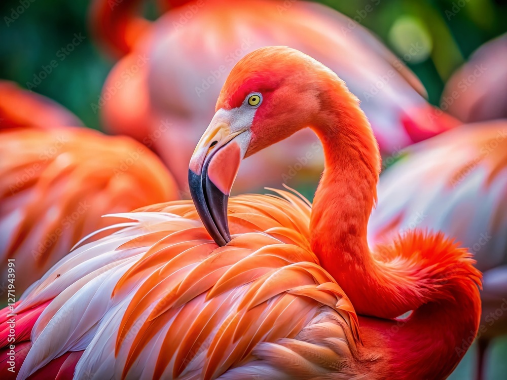 Obraz premium Greater Flamingo Preening Feathers, Tilt-Shift Miniature Bird Scene