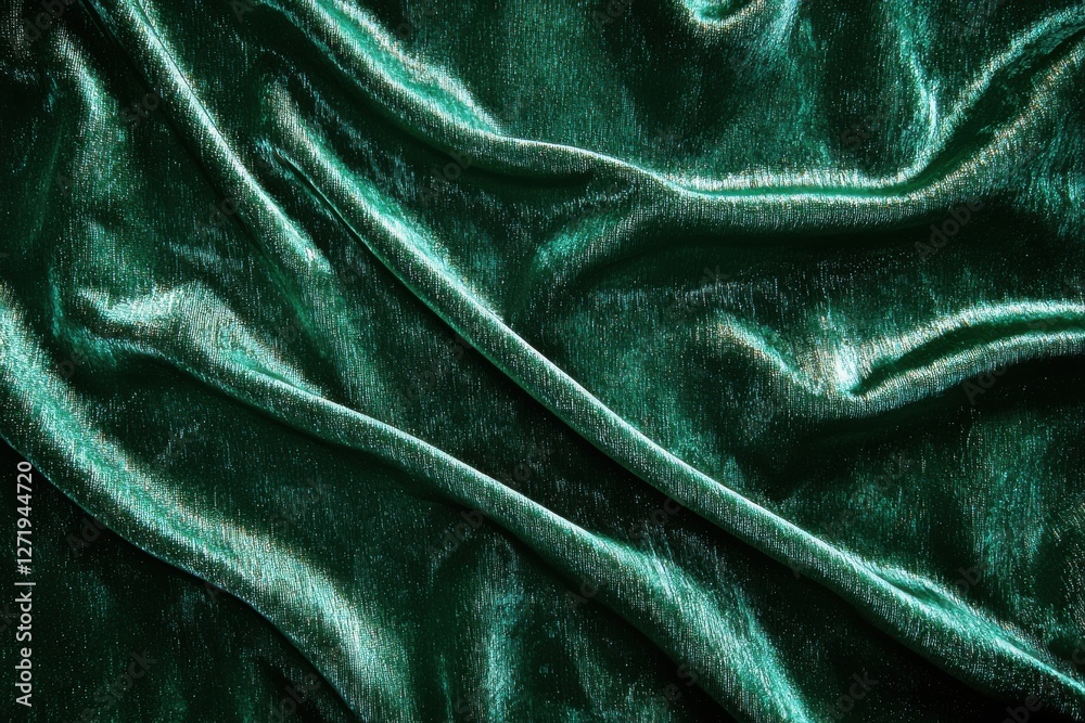 Fototapeta premium Emerald Green Velvet Fabric with Luxurious Drapes and Shimmering Highlights, showcasing texture, depth, and a rich, elegant appearance for various design applications.