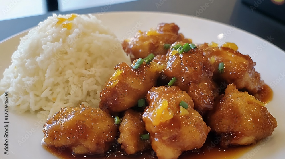 Classic Chinese cuisine dish crispy orange chicken glazed a tangy citrus sauce served with steamed rice Classic Chinese cuisine dish crispy orange chicken glazed a tangy citrus sauce served with steamed rice