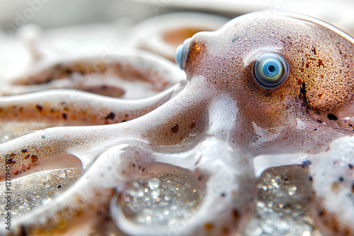  Closeup of fresh octopus with water drops on its surface, showcasing the texture and freshness of seafood photo