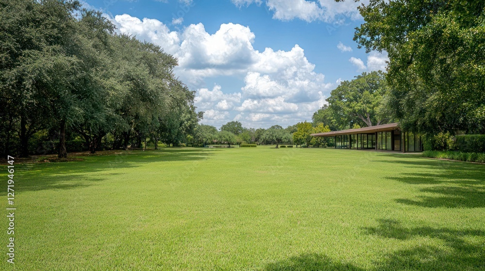 Fototapeta premium Expansive Green Lawn with Lush Trees and a Modern Building Under a Sunny Sky
