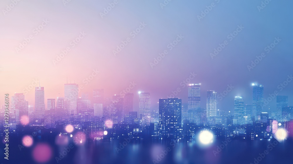 Obraz premium Illuminated cityscape skyline at night with a vibrant color gradient
