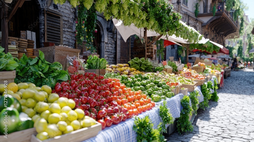 Obraz premium Farmers market, cobblestone street, medieval town, fresh produce, sunny day