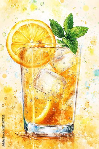 Refreshing glass of classic lemonade with lemon slices and mint on yellow. Summer drinks.