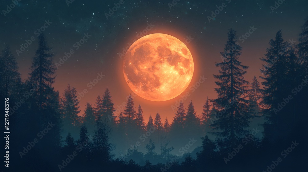 Fototapeta premium Huge orange moon rising over a misty forest at night