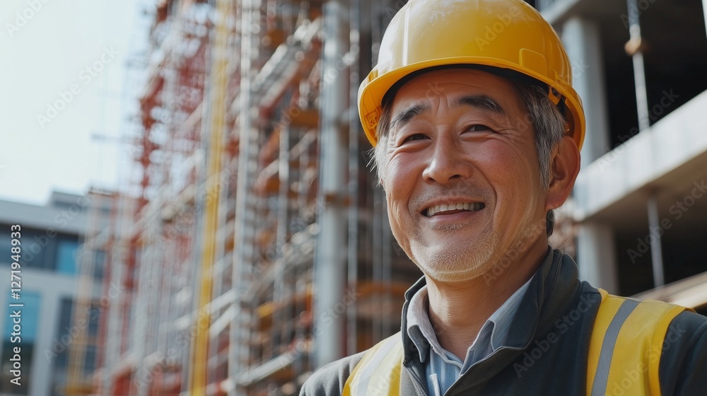 japanese construction worker close up smiling yellow helmet work vest building frame japanese construction worker close up smiling yellow helmet work vest building frame