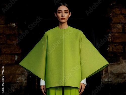 Elegant asian female in bold green fashion outdoors