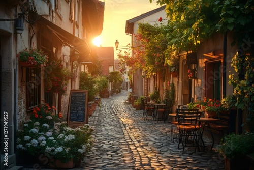 Charming cobblestone street illuminated by golden sunset in szentendre, hungary