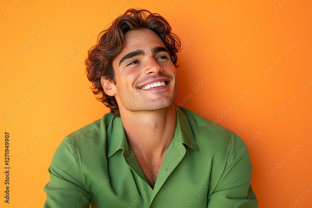Smiling young caucasian male in green shirt against orange background Smiling young caucasian male in green shirt against orange background