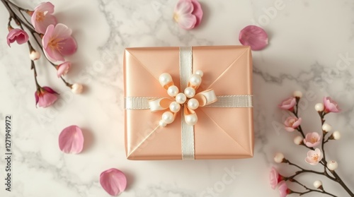 Elegant gift box with a pearl bow and flowers, perfect for special occasions. Minimalist and chic design.