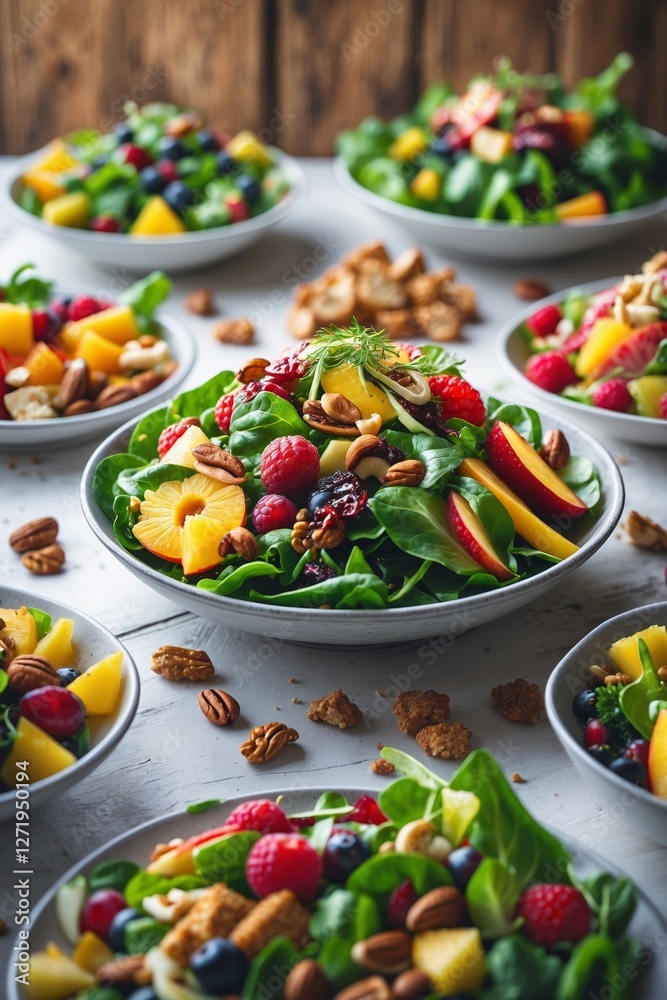 Colorful fruit and nut salad arrangement on a rustic wooden table for a healthy meal or gathering
