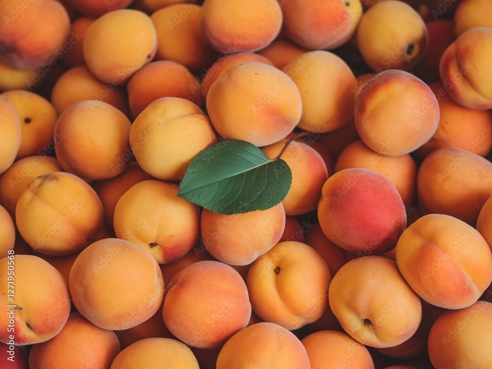 A vibrant pile of fresh apricots, featuring a single green leaf among the yellow-orange fruit. A vibrant pile of fresh apricots, featuring a single green leaf among the yellow-orange fruit.