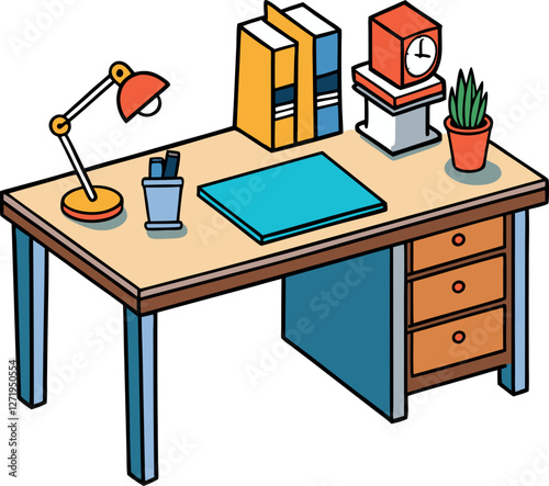 Modern Office Desk Setup – High-Quality Colorful Minimalistic Vector Illustration in a Cartoonish Style with Clean Lines and Stylish Aesthetic for Workspaces
