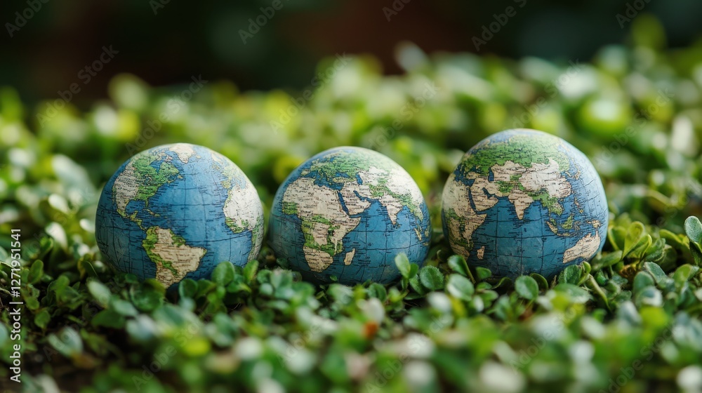 Miniature Earth globes covered in green moss. Concept of nature conservation and ecological balance. Miniature Earth globes covered in green moss. Concept of nature conservation and ecological balance.