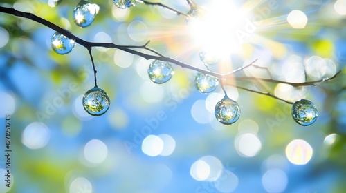 Water droplets hanging on thin plant stems with bokeh background. Nature macro photography and freshness concept. photo