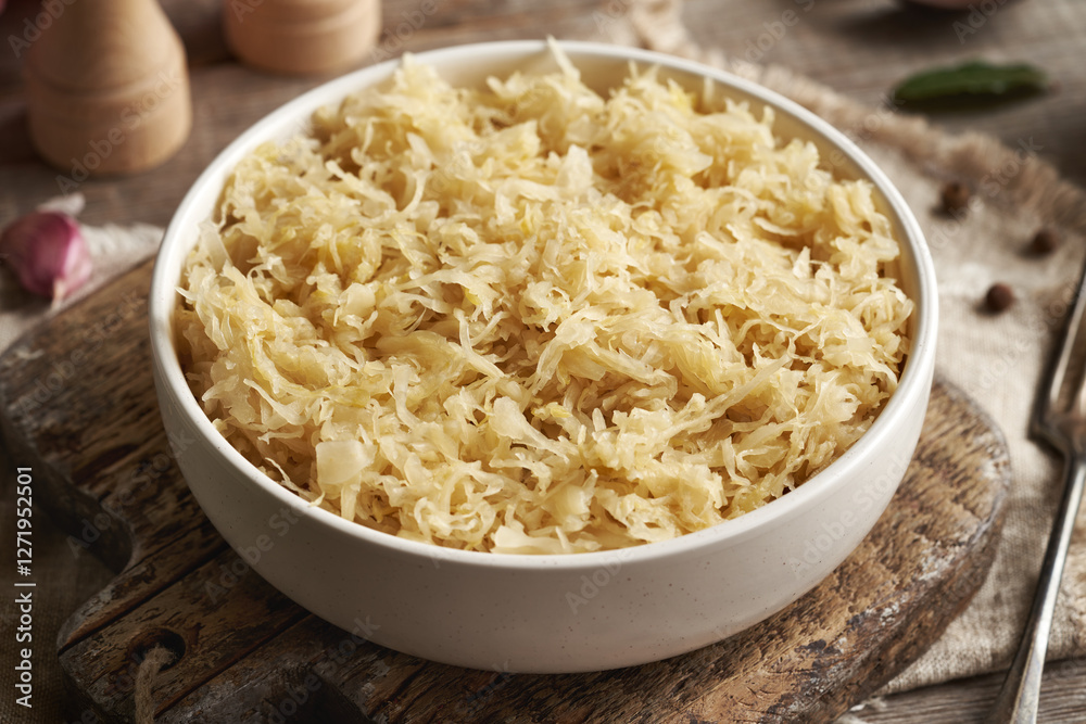Fermented cabbage or sauerkraut in a white bowl Fermented cabbage or sauerkraut in a white bowl