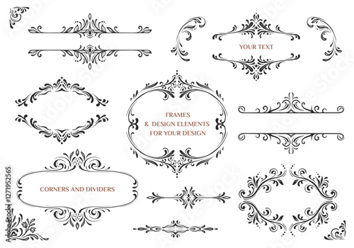 Set of decorative elements for design. Hand drawn ornate frames, borders, dividers. Vintage vector collection.