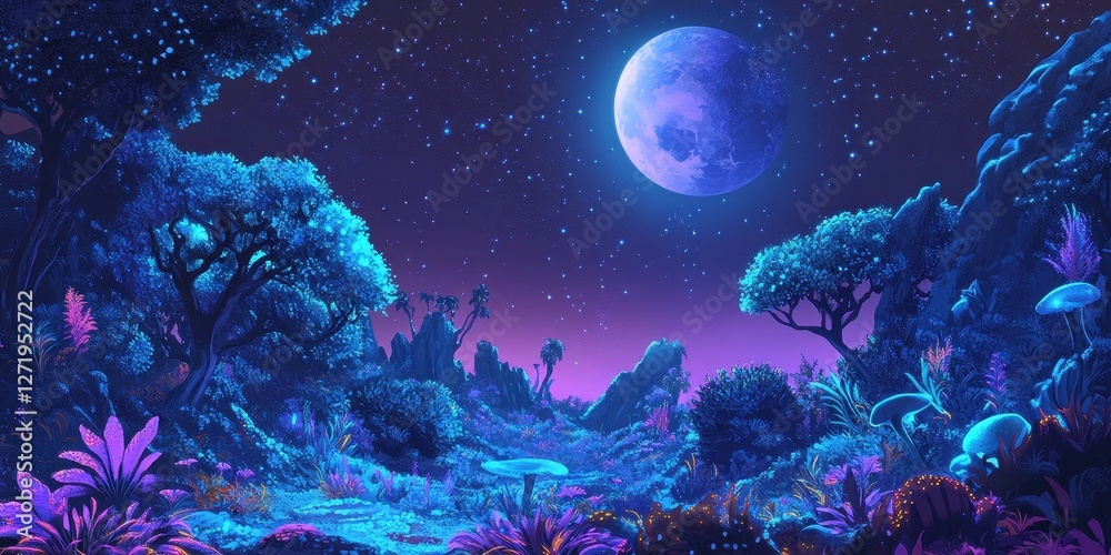Fototapeta premium Enchanted moonlit landscape with glowing flora and starry sky