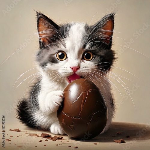 Chaton léchant un oeuf en chocolat