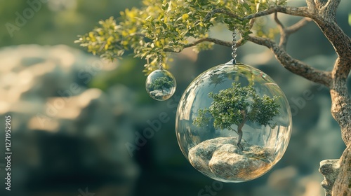 Crystal glass sphere hanging from tree branch reflecting nature. Concept of environmental purity and conservation.