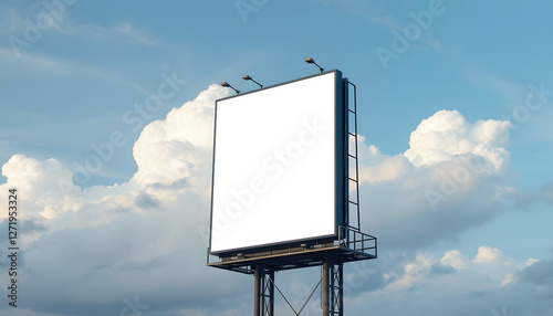 Large LED display vertical billboard mockup on white cloud and blue sky for outdoor advertising, Backlit. with white shades