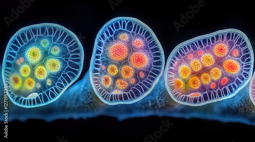 Microscopic image of algae, showing chloroplasts and cellular structure in vibrant colors photo