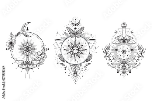 Collection of black and white mystical compositions with moths, animals, plants, elements of astrology and sacred geometry.