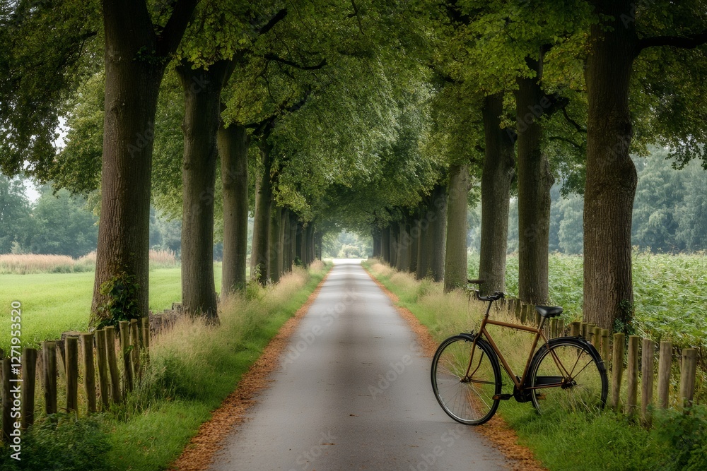 Obraz premium Vintage bicycle leaning against wooden fence on empty tree lined road