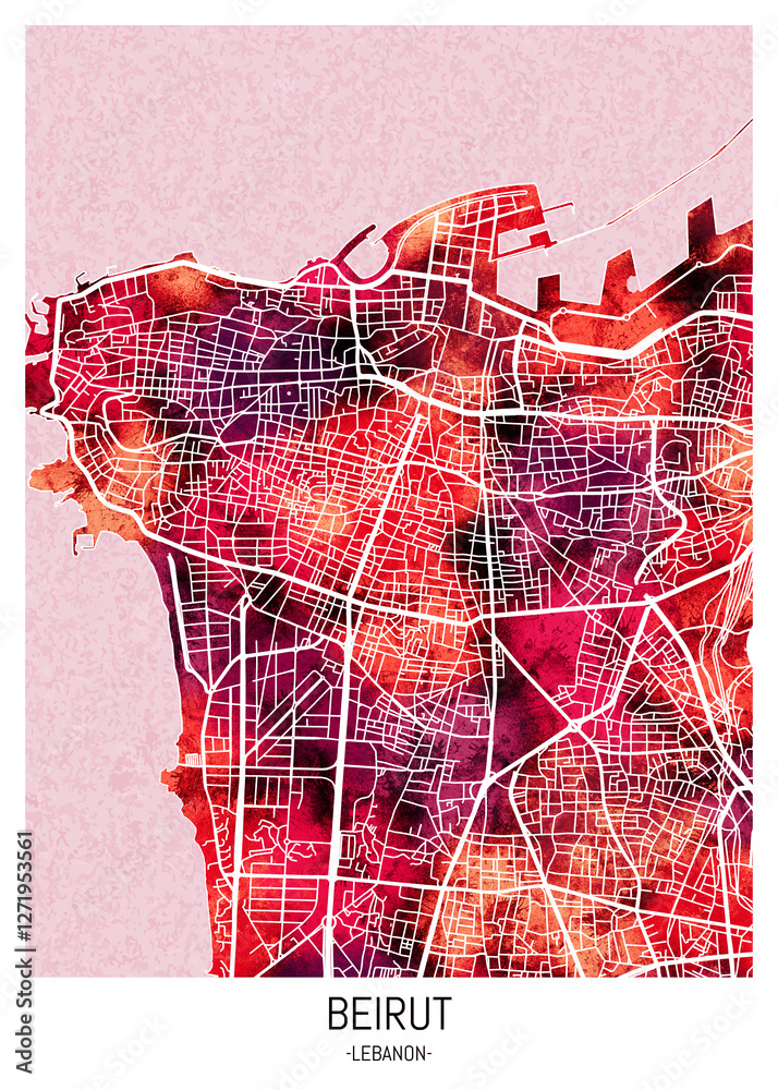 Obraz premium Beirut City Downtown Street Map, downtown printable Landmarks, print city painting, travel art, city banner, modern city, urban city art, background abstract city