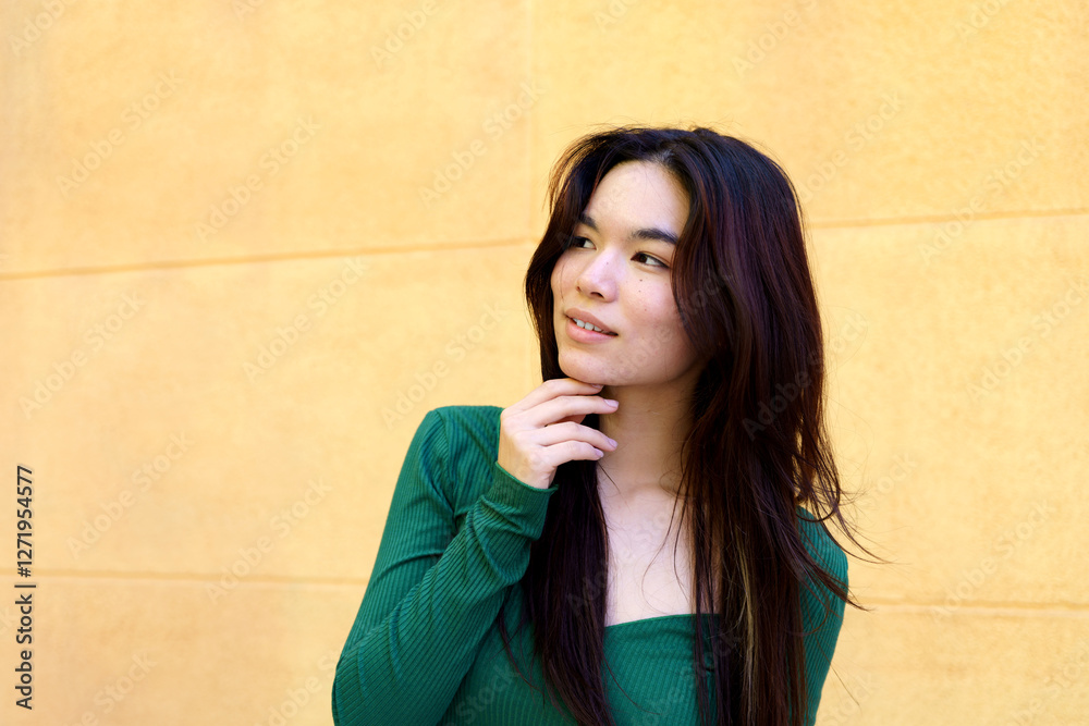 Portrait of a pensive young Japanese woman touching her chin while posing in front of a yellow wall, looking away Portrait of a pensive young Japanese woman touching her chin while posing in front of a yellow wall, looking away