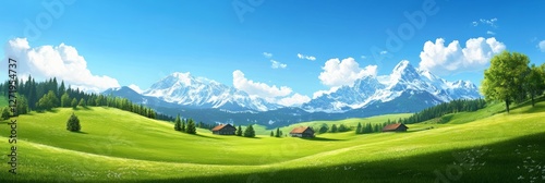 Stunning panorama showcasing lush green meadows dotted with traditional wooden houses, framed by majestic snow capped alpine peaks under a vibrant blue sky