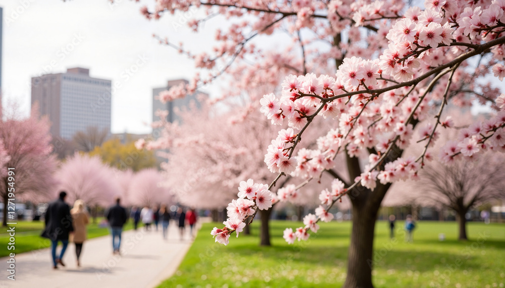 Seasonal blooms. Cherry blossoms in bloom with people strolling in city park, seasonal beauty Seasonal blooms. Cherry blossoms in bloom with people strolling in city park, seasonal beauty