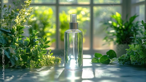 Clear Spray Bottle Surrounded by Vibrant Green Plants in a Sunlit Room Generative AI