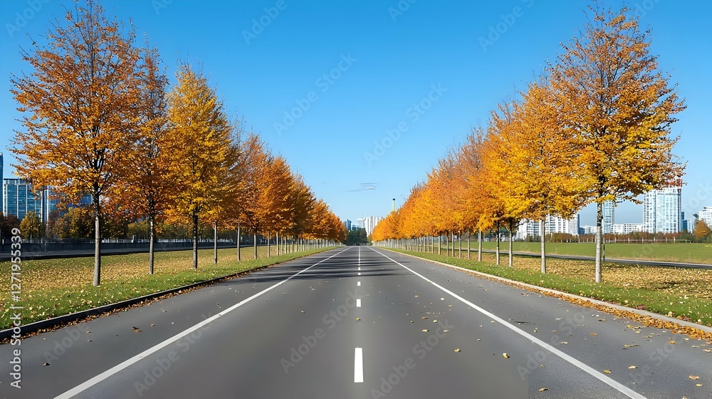 Fototapeta premium Autumnal Road Lined with Golden Trees under a Blue Sky